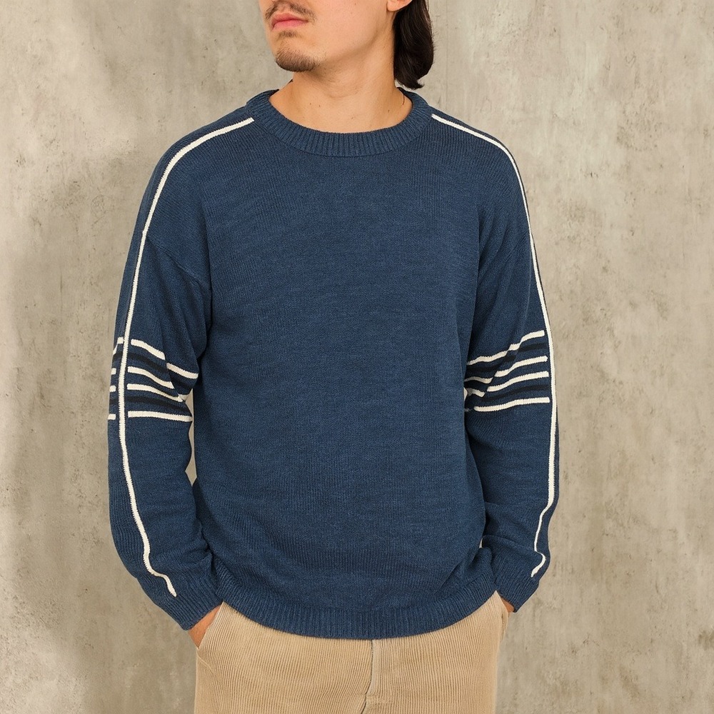 Vintage 90s Anchor Blue Sweater Blue‎ Knit Striped Sleeve Hong Kong Retro Preppy